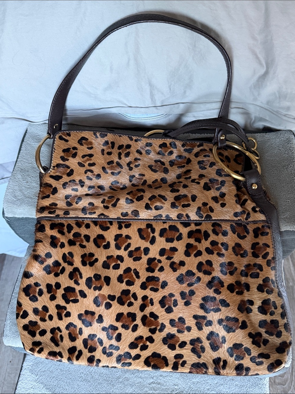 Leopard Print Shoulder Bag with Brown Trim
